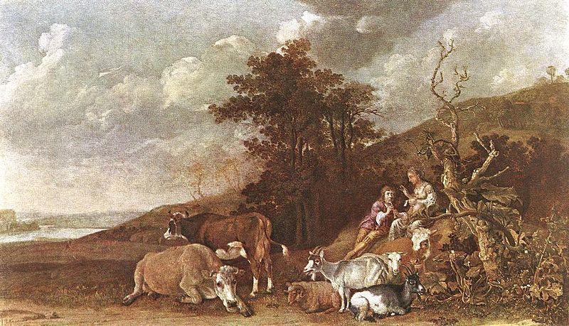 paulus potter Landscape with Shepherdess and Shepherd Playing Flute oil painting image